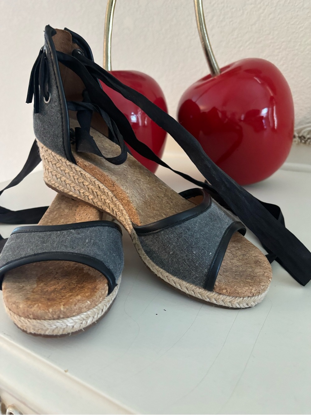 UGG Gray Espadrille Wedge Sandals with Ankle Wrap